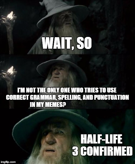 Confused Gandalf Meme | WAIT, SO I'M NOT THE ONLY ONE WHO TRIES TO USE CORRECT GRAMMAR, SPELLING, AND PUNCTUATION IN MY MEMES? HALF-LIFE 3 CONFIRMED | image tagged in memes,confused gandalf | made w/ Imgflip meme maker
