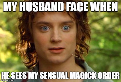 Surpised Frodo Meme | MY HUSBAND FACE WHEN HE SEES MY SENSUAL MAGICK ORDER | image tagged in memes,surpised frodo | made w/ Imgflip meme maker