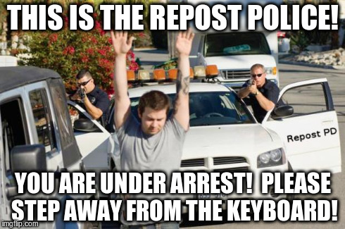 They're coming!  Run!! | THIS IS THE REPOST POLICE! YOU ARE UNDER ARREST!  PLEASE STEP AWAY FROM THE KEYBOARD! | image tagged in repost police,memes | made w/ Imgflip meme maker