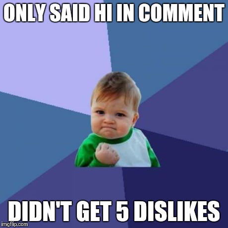 ONLY SAID HI IN COMMENT DIDN'T GET 5 DISLIKES | image tagged in memes,success kid | made w/ Imgflip meme maker