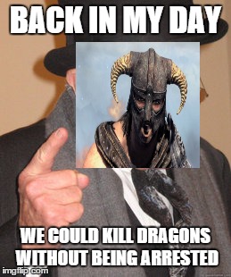 Back In My Day | BACK IN MY DAY WE COULD KILL DRAGONS WITHOUT BEING ARRESTED | image tagged in memes,back in my day,skyrim | made w/ Imgflip meme maker