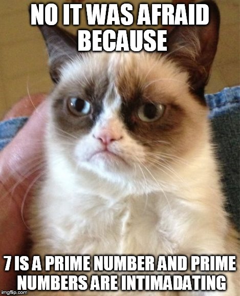 Grumpy Cat Meme | NO IT WAS AFRAID BECAUSE 7 IS A PRIME NUMBER AND PRIME NUMBERS ARE INTIMADATING | image tagged in memes,grumpy cat | made w/ Imgflip meme maker