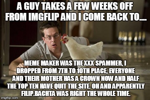 What a difference a few weeks make | A GUY TAKES A FEW WEEKS OFF FROM IMGFLIP AND I COME BACK TO.... MEME MAKER WAS THE XXX SPAMMER, I DROPPED FROM 7TH TO 10TH PLACE, EVERYONE A | image tagged in the hangover,imgflip | made w/ Imgflip meme maker