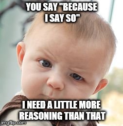 Skeptical Baby | YOU SAY "BECAUSE I SAY SO" I NEED A LITTLE MORE REASONING THAN THAT | image tagged in memes,skeptical baby | made w/ Imgflip meme maker