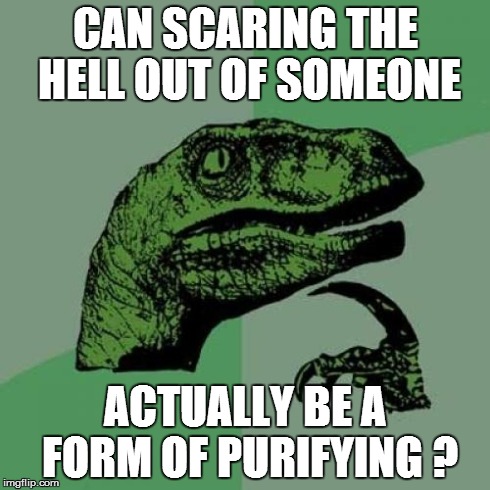 Philosoraptor | CAN SCARING THE HELL OUT OF SOMEONE ACTUALLY BE A FORM OF PURIFYING ? | image tagged in memes,philosoraptor | made w/ Imgflip meme maker