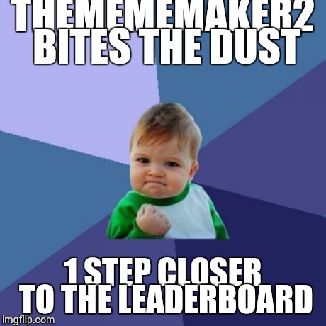 Success Kid | THEMEMEMAKER2 BITES THE DUST 1 STEP CLOSER TO THE LEADERBOARD | image tagged in memes,success kid | made w/ Imgflip meme maker