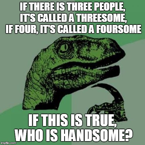 Philosoraptor Meme | IF THERE IS THREE PEOPLE, IT'S CALLED A THREESOME, IF FOUR, IT'S CALLED A FOURSOME IF THIS IS TRUE, WHO IS HANDSOME? | image tagged in memes,philosoraptor | made w/ Imgflip meme maker