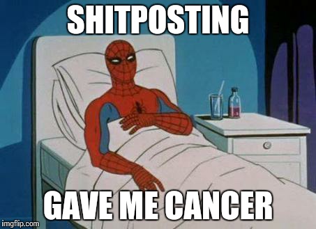 Spiderman Hospital | SHITPOSTING GAVE ME CANCER | image tagged in spiderman hospital | made w/ Imgflip meme maker