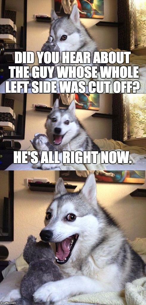 Bad Pun Dog | DID YOU HEAR ABOUT THE GUY WHOSE WHOLE LEFT SIDE WAS CUT OFF? HE'S ALL RIGHT NOW. | image tagged in memes,bad pun dog | made w/ Imgflip meme maker