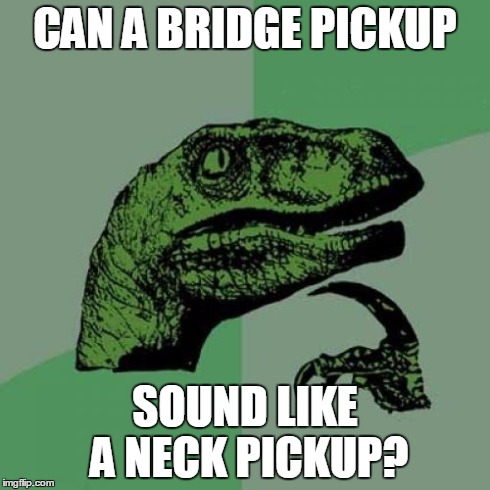 Philosoraptor Meme | CAN A BRIDGE PICKUP SOUND LIKE A NECK PICKUP? | image tagged in memes,philosoraptor | made w/ Imgflip meme maker