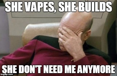 Captain Picard Facepalm | SHE VAPES, SHE BUILDS SHE DON'T NEED ME ANYMORE | image tagged in memes,captain picard facepalm | made w/ Imgflip meme maker