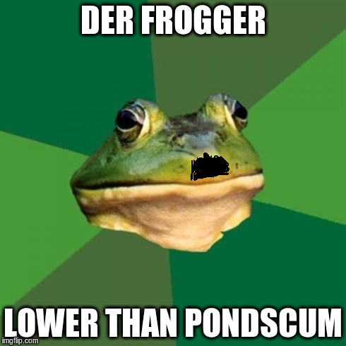 He killed 6 million flies. Pure evil. | DER FROGGER LOWER THAN PONDSCUM | image tagged in memes,foul bachelor frog | made w/ Imgflip meme maker