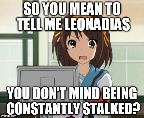 Haruhi Internet disturbed | SO YOU MEAN TO TELL ME LEONADIAS YOU DON'T MIND BEING CONSTANTLY STALKED? | image tagged in haruhi internet disturbed | made w/ Imgflip meme maker