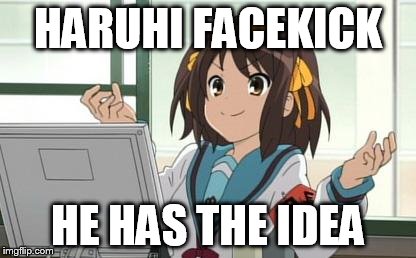 Haruhi Computer | HARUHI FACEKICK HE HAS THE IDEA | image tagged in haruhi computer | made w/ Imgflip meme maker
