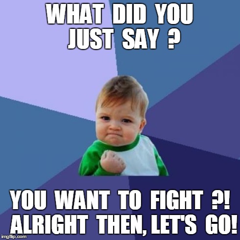 Success Kid | WHAT  DID  YOU  JUST  SAY  ? YOU  WANT  TO  FIGHT  ?!  ALRIGHT  THEN, LET'S  GO! | image tagged in memes,success kid | made w/ Imgflip meme maker