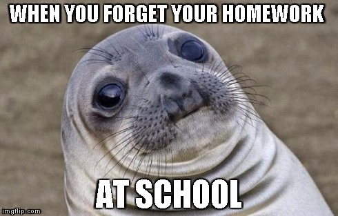 Awkward Moment Sealion | WHEN YOU FORGET YOUR HOMEWORK AT SCHOOL | image tagged in memes,awkward moment sealion | made w/ Imgflip meme maker