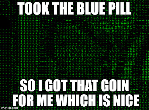 TOOK THE BLUE PILL SO I GOT THAT GOIN FOR ME WHICH IS NICE | made w/ Imgflip meme maker