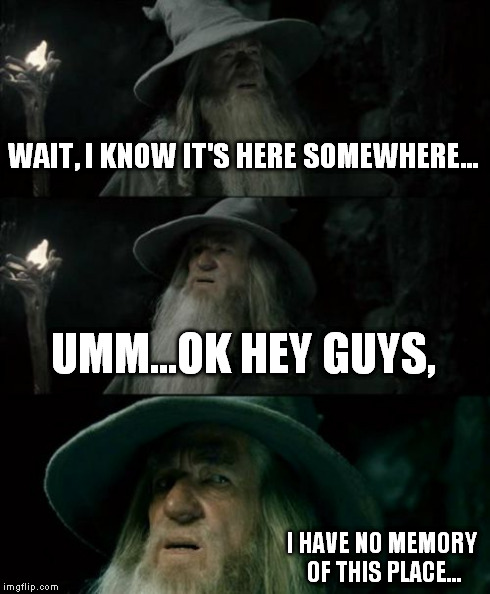 Confused Gandalf Meme | WAIT, I KNOW IT'S HERE SOMEWHERE... UMM...OK HEY GUYS, I HAVE NO MEMORY OF THIS PLACE... | image tagged in memes,confused gandalf | made w/ Imgflip meme maker