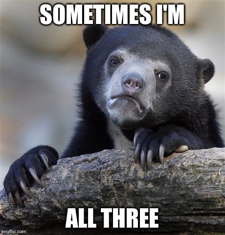 Confession Bear Meme | SOMETIMES I'M ALL THREE | image tagged in memes,confession bear | made w/ Imgflip meme maker