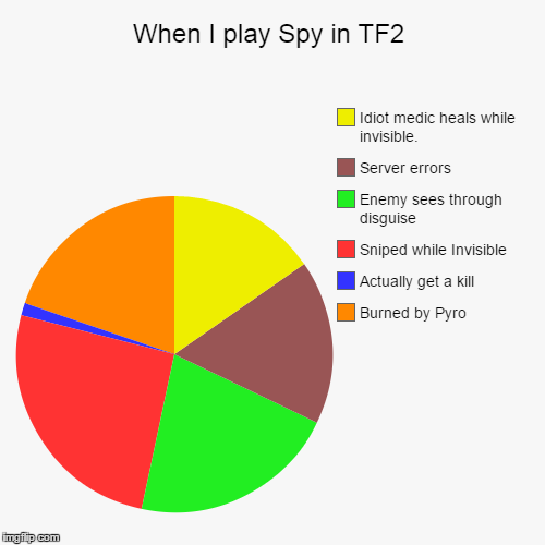 When I play Spy in TF2 | Burned by Pyro, Actually get a kill, Sniped while Invisible, Enemy sees through disguise, Server errors, Idiot medi | image tagged in funny,pie charts | made w/ Imgflip chart maker