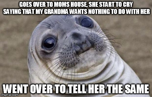 Awkward Moment Sealion | GOES OVER TO MOMS HOUSE, SHE START TO CRY SAYING THAT MY GRANDMA WANTS NOTHING TO DO WITH HER WENT OVER TO TELL HER THE SAME | image tagged in memes,awkward moment sealion,AdviceAnimals | made w/ Imgflip meme maker