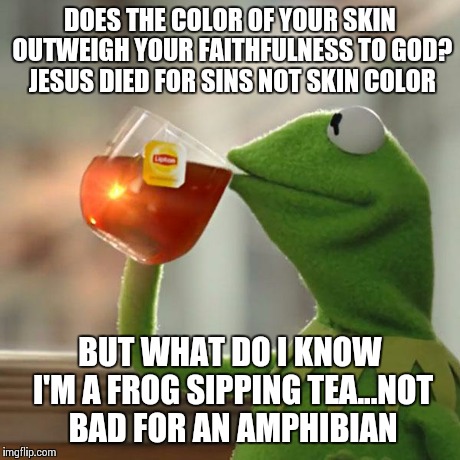 But That's None Of My Business Meme | DOES THE COLOR OF YOUR SKIN OUTWEIGH YOUR FAITHFULNESS TO GOD? JESUS DIED FOR SINS NOT SKIN COLOR BUT WHAT DO I KNOW I'M A FROG SIPPING TEA. | image tagged in memes,but thats none of my business,kermit the frog | made w/ Imgflip meme maker