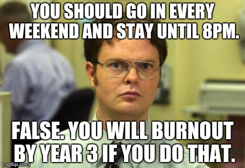 Dwight Schrute Meme | YOU SHOULD GO IN EVERY WEEKEND AND STAY UNTIL 8PM. FALSE. YOU WILL BURNOUT BY YEAR 3 IF YOU DO THAT. | image tagged in memes,dwight schrute | made w/ Imgflip meme maker