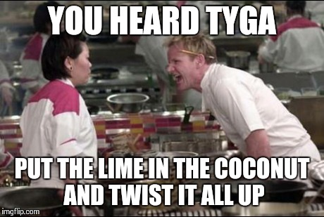 Angry Chef Gordon Ramsay | YOU HEARD TYGA PUT THE LIME IN THE COCONUT AND TWIST IT ALL UP | image tagged in memes,angry chef gordon ramsay | made w/ Imgflip meme maker