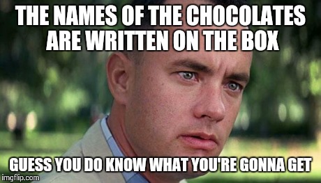 Forest Gump | THE NAMES OF THE CHOCOLATES ARE WRITTEN ON THE BOX GUESS YOU DO KNOW WHAT YOU'RE GONNA GET | image tagged in forest gump | made w/ Imgflip meme maker