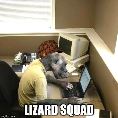 Seriously guys, time to evolve. | LIZARD SQUAD | image tagged in memes,monkey business,scumbag | made w/ Imgflip meme maker