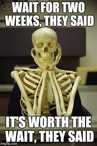 Waiting Skeleton | WAIT FOR TWO WEEKS, THEY SAID IT'S WORTH THE WAIT, THEY SAID | image tagged in waiting skeleton,TapTitans | made w/ Imgflip meme maker
