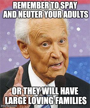 Bob Barker | REMEMBER TO SPAY AND NEUTER YOUR ADULTS OR THEY WILL HAVE LARGE LOVING FAMILIES | image tagged in bob barker | made w/ Imgflip meme maker