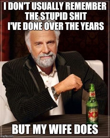 The Most Interesting Man In The World | I DON'T USUALLY REMEMBER THE STUPID SHIT I'VE DONE OVER THE YEARS BUT MY WIFE DOES | image tagged in memes,the most interesting man in the world | made w/ Imgflip meme maker