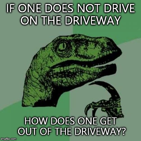 Philosoraptor | IF ONE DOES NOT DRIVE ON THE DRIVEWAY HOW DOES ONE GET OUT OF THE DRIVEWAY? | image tagged in memes,philosoraptor | made w/ Imgflip meme maker