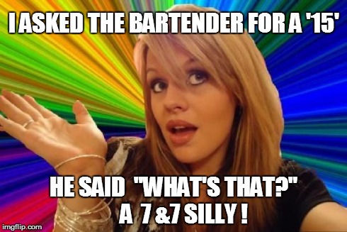 stupid girl meme | I ASKED THE BARTENDER FOR A '15' HE SAID  "WHAT'S THAT?"     A  7 &7 SILLY ! | image tagged in stupid girl meme | made w/ Imgflip meme maker