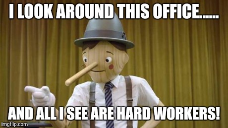 Geico Pinocchio | I LOOK AROUND THIS OFFICE...... AND ALL I SEE ARE HARD WORKERS! | image tagged in geico pinocchio | made w/ Imgflip meme maker