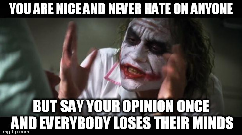 And everybody loses their minds | YOU ARE NICE AND NEVER HATE ON ANYONE BUT SAY YOUR OPINION ONCE AND EVERYBODY LOSES THEIR MINDS | image tagged in memes,and everybody loses their minds | made w/ Imgflip meme maker