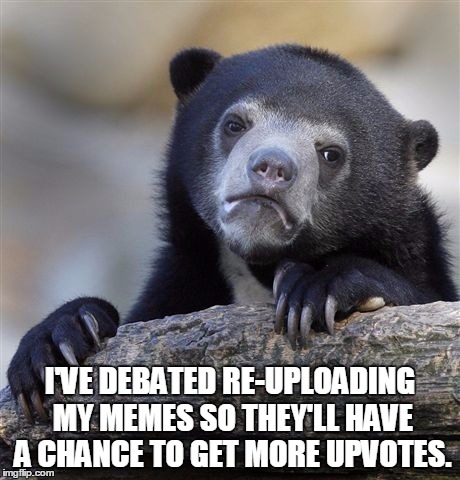 Confession Bear | I'VE DEBATED RE-UPLOADING MY MEMES SO THEY'LL HAVE A CHANCE TO GET MORE UPVOTES. | image tagged in memes,confession bear | made w/ Imgflip meme maker