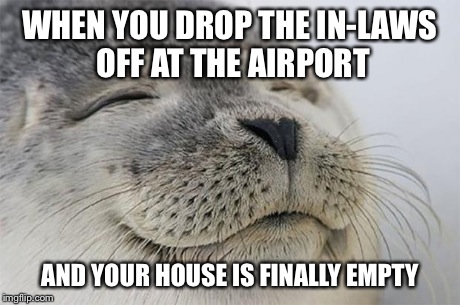 Satisfied Seal Meme | WHEN YOU DROP THE IN-LAWS OFF AT THE AIRPORT AND YOUR HOUSE IS FINALLY EMPTY | image tagged in memes,satisfied seal,AdviceAnimals | made w/ Imgflip meme maker