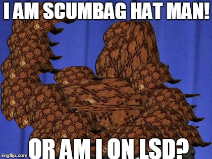 Too Damn High Meme | I AM SCUMBAG HAT MAN! OR AM I ON LSD? | image tagged in memes,too damn high,scumbag | made w/ Imgflip meme maker