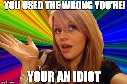 stupid girl meme | YOUR AN IDIOT YOU USED THE WRONG YOU'RE! | image tagged in stupid girl meme | made w/ Imgflip meme maker