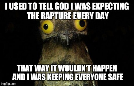 Weird Stuff I Do Potoo Meme | I USED TO TELL GOD I WAS EXPECTING THE RAPTURE EVERY DAY THAT WAY IT WOULDN'T HAPPEN AND I WAS KEEPING EVERYONE SAFE | image tagged in memes,weird stuff i do potoo | made w/ Imgflip meme maker