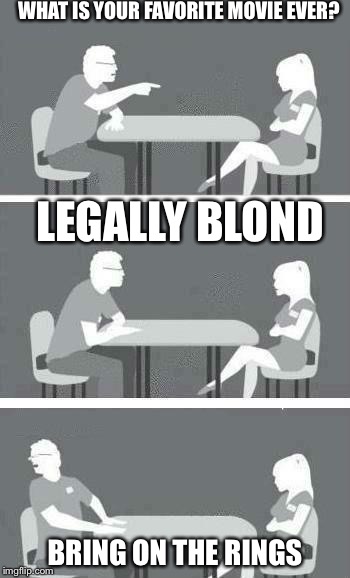 Speed Dating | WHAT IS YOUR FAVORITE MOVIE EVER? BRING ON THE RINGS LEGALLY BLOND | image tagged in speed dating | made w/ Imgflip meme maker