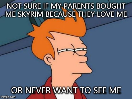 Futurama Fry | NOT SURE IF MY PARENTS BOUGHT ME SKYRIM BECAUSE THEY LOVE ME OR NEVER WANT TO SEE ME | image tagged in memes,futurama fry | made w/ Imgflip meme maker
