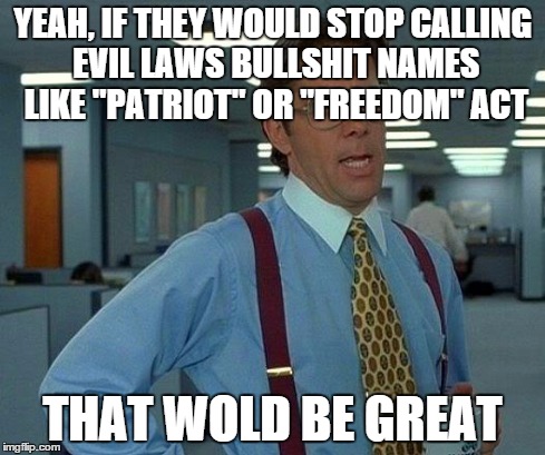 That Would Be Great Meme | YEAH, IF THEY WOULD STOP CALLING EVIL LAWS BULLSHIT NAMES LIKE "PATRIOT" OR "FREEDOM" ACT THAT WOLD BE GREAT | image tagged in memes,that would be great,AdviceAnimals | made w/ Imgflip meme maker