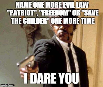 Say That Again I Dare You Meme | NAME ONE MORE EVIL LAW "PATRIOT", "FREEDOM" OR "SAVE THE CHILDER" ONE MORE TIME I DARE YOU | image tagged in memes,say that again i dare you | made w/ Imgflip meme maker