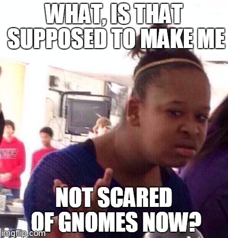 Black Girl Wat Meme | WHAT, IS THAT SUPPOSED TO MAKE ME NOT SCARED OF GNOMES NOW? | image tagged in memes,black girl wat | made w/ Imgflip meme maker