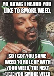 YO DAWG I HEARD YOU LIKE TO SMOKE WEED, SO I GOT YOU SOME WEED TO ROLE UP WITH YOUR WEED, THE NEXT TIME YOU SMOKE WEED | made w/ Imgflip meme maker