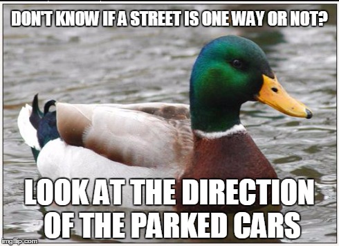 Actual Advice Mallard | DON'T KNOW IF A STREET IS ONE WAY OR NOT? LOOK AT THE DIRECTION OF THE PARKED CARS | image tagged in memes,actual advice mallard,AdviceAnimals | made w/ Imgflip meme maker