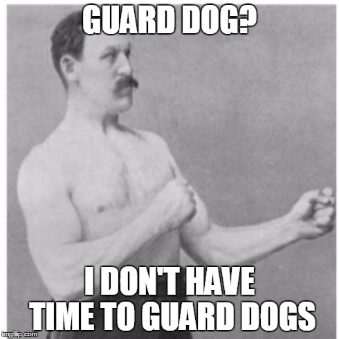 Overly Manly Man | GUARD DOG? I DON'T HAVE TIME TO GUARD DOGS | image tagged in memes,overly manly man | made w/ Imgflip meme maker